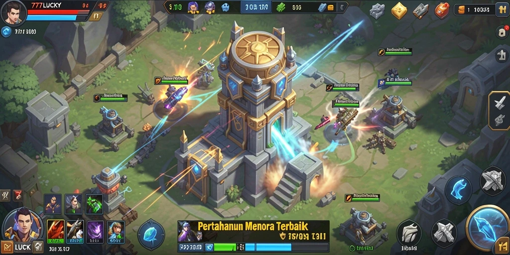 Tangkapan layar main game Tower Defense 777LUCKY dengan strategi menara.