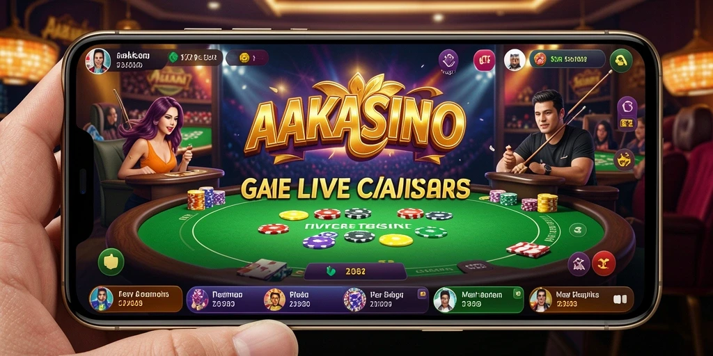 Screenshot menunjukkan dealer langsung dalam permainan AAKASINO dengan interaksi pengguna.