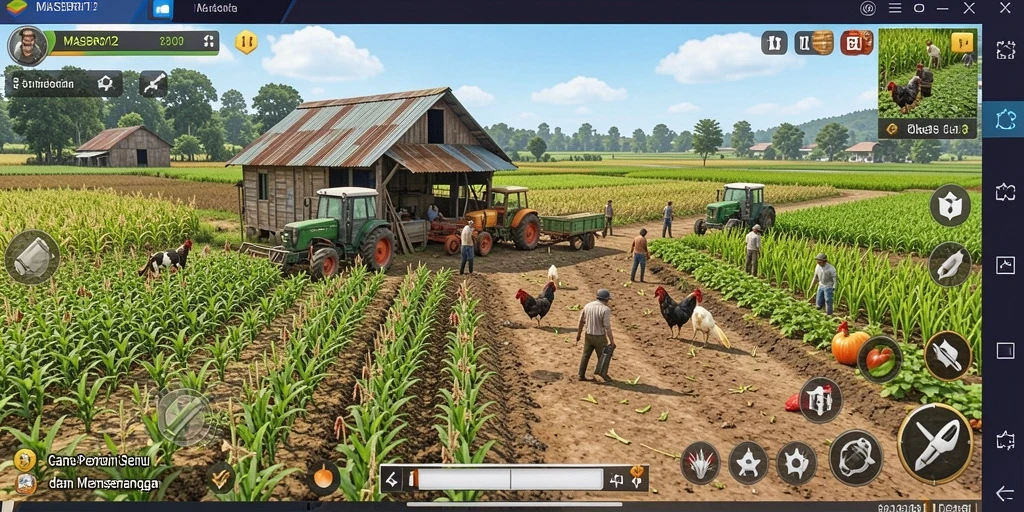 Tampilan screenshot utama MASBRO12 menampilkan kegiatan bertani yang interaktif dan menyenangkan.