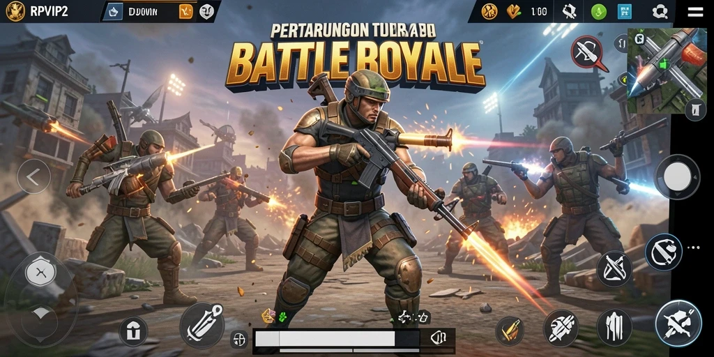 Tampilan gameplay RPVIP2 dengan aksi pertarungan Battle Royale yang intens.