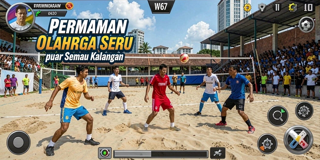 Tangkapan layar menunjukkan gameplay mendebarkan dari W67 dalam pertandingan olahraga.